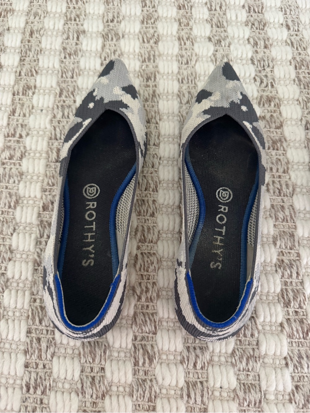 Rothy's Pointed Slip-On Flats in Gray Camo with Blue Trim
